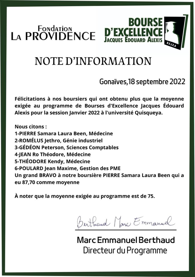 Félicitations à nos boursiers qui ont obtenu plus que la moyenne exigée au programme de Bourses d'Excellence Jacques Édouard Alexis #BEJEA
#FondationLaProvidence