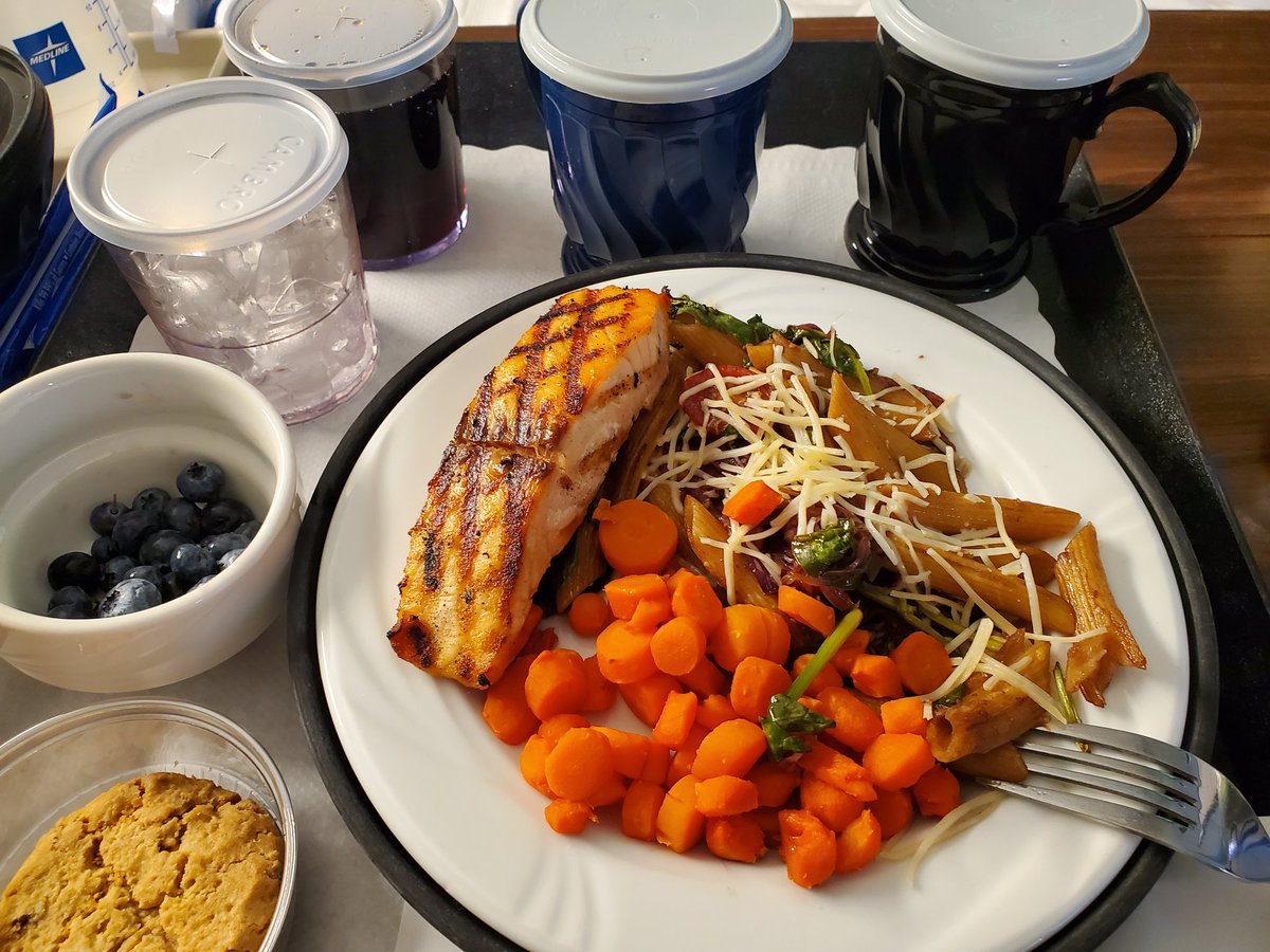 phantombatman's tweet photo. Damn this dinner was well earned after therapy all day today! Salmon, Pasta Fresca, cooked carrots, blueberries, and a cookie. #PugFamKitchen #PugsnKisses https://t.co/IjXQLQi7as