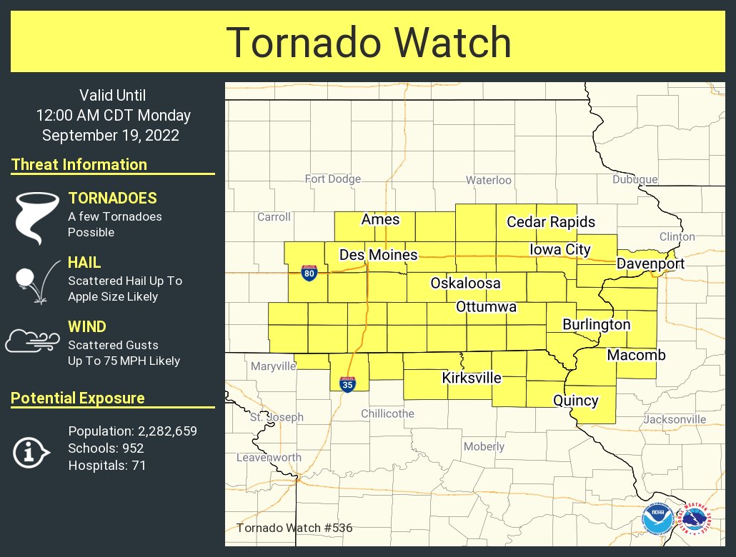 A tornado watch has been issued for parts of Illinois, Iowa and Missouri until 12 AM CDT
