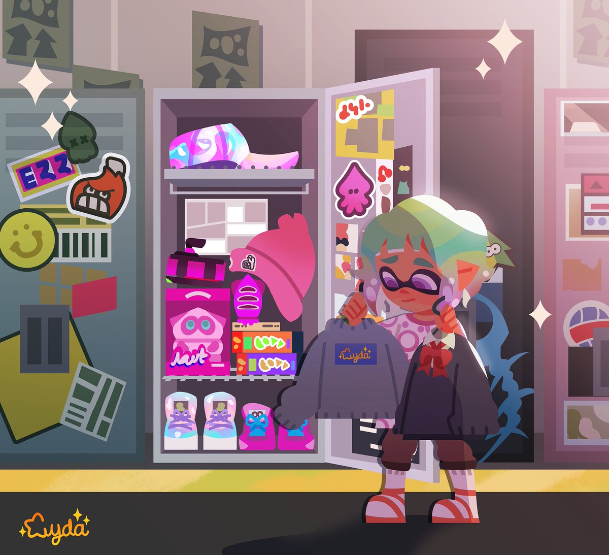 aydanadhira's tweet photo. I love decorating my locker so much that I'm constantly broke. #Splatoon3 https://t.co/qRQVc8WyeY