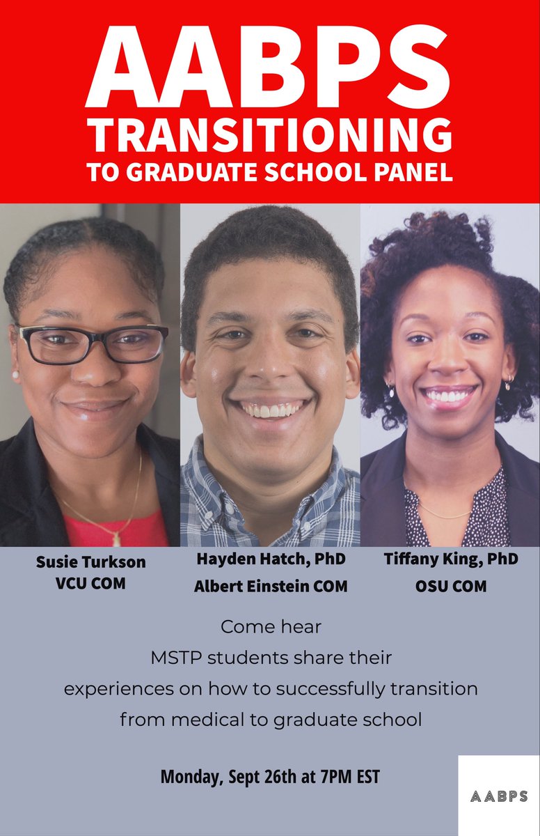 Come hear MSTP students at various levels of their MD/PhD career share their experiences on how to successfully transition from medical to graduate school. Panelists represent diverse institutions. Register using the link below: forms.gle/uqR1x68eh858EY…
#mdphd #mstp #aabps