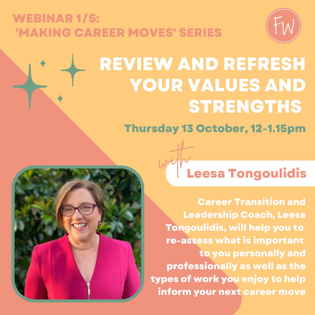 Franklin Women (@franklinwomen) on Twitter photo When did you last stop to think about what drives you at work - what you love to do, what you are good at & your values?
Our 1st webinar in a 5 part series on making Career Moves #CareerTransition coach <a href="/LTongoulidis/">Leesa Tongoulidis</a> will help us do just that✨🙏
Deets👉 bit.ly/3qwgiTV When did you last stop to think about what drives you at work - what you love to do, what you are good at & your values?
Our 1st webinar in a 5 part series on making Career Moves #CareerTransition coach <a href="/LTongoulidis/">Leesa Tongoulidis</a> will help us do just that✨🙏
Deets👉 bit.ly/3qwgiTV