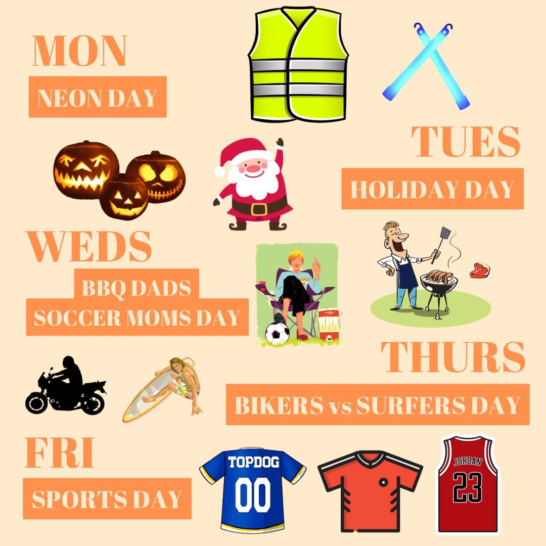 It’s homecoming week and that means spirit! Let’s all participate in the first spirit week of the year!