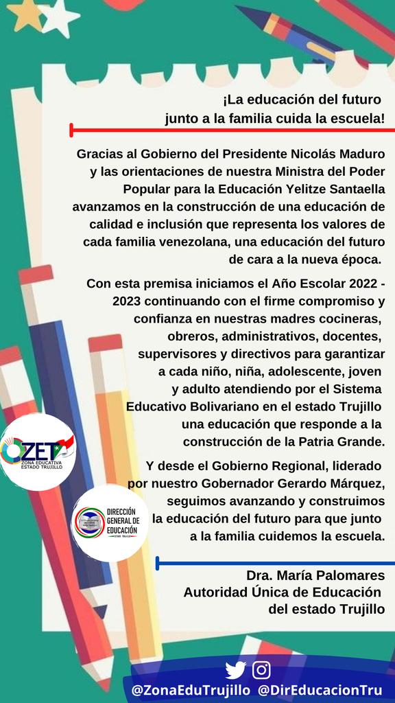 notieducatetru's tweet photo. ¡La educación del futuro junto a la familia cuida la escuela!

Mensaje de Bienvenido al Año Escolar 2022-2023 de la Dra. María Palomares, Autoridad Única de Educación del estado Trujillo.

@_LaAvanzadora @MPPEDUCACION @MariiaPalomares @GobTrujillo @Gerardo4fPsuv https://t.co/gdDpW8IGjd