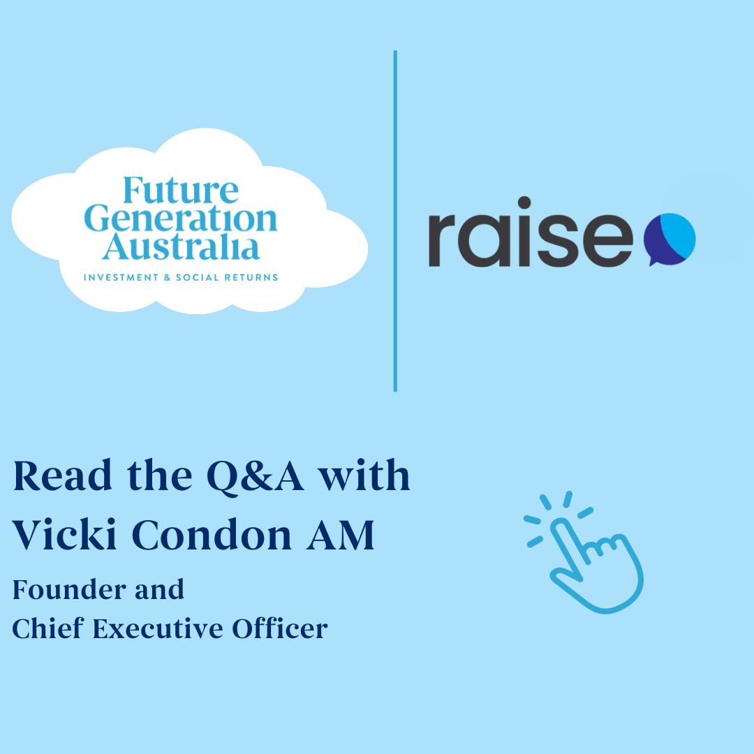 FutureGenerationCo (@futuregeninvest) on Twitter photo Read the Q&A interview with Vicki Condon AM, Founder and Chief Executive Officer of <a href="/raisementoring/">social@raise.org.au</a>, by clicking the link below. Raise is a social impact partner of Future Generation Australia $FGX.
futuregeninvest.com.au/2022/09/13/qa-… Read the Q&A interview with Vicki Condon AM, Founder and Chief Executive Officer of <a href="/raisementoring/">social@raise.org.au</a>, by clicking the link below. Raise is a social impact partner of Future Generation Australia $FGX.
futuregeninvest.com.au/2022/09/13/qa-…