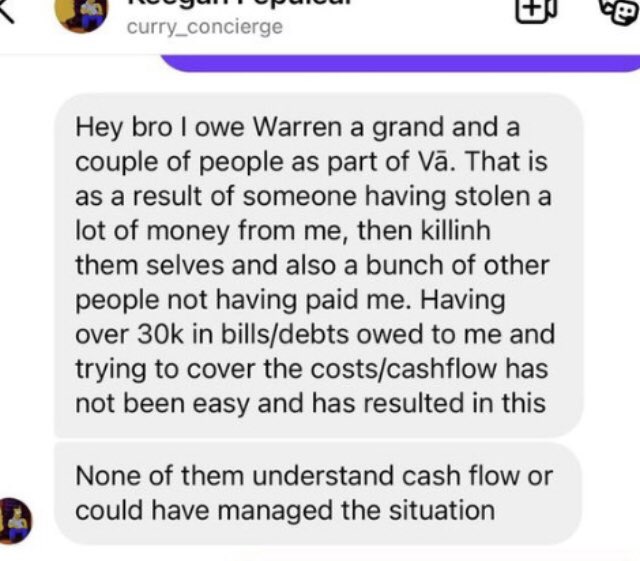@JusayinAKL / Keegan Fepuleai scams 2022.  1/
A group of musicians and crew have come forward because Keegan hasn’t paid (again) The groups debts total over $10k still owed. Keegan has either ghosted them or made up all form of excuses and reasons for not paying promptly.