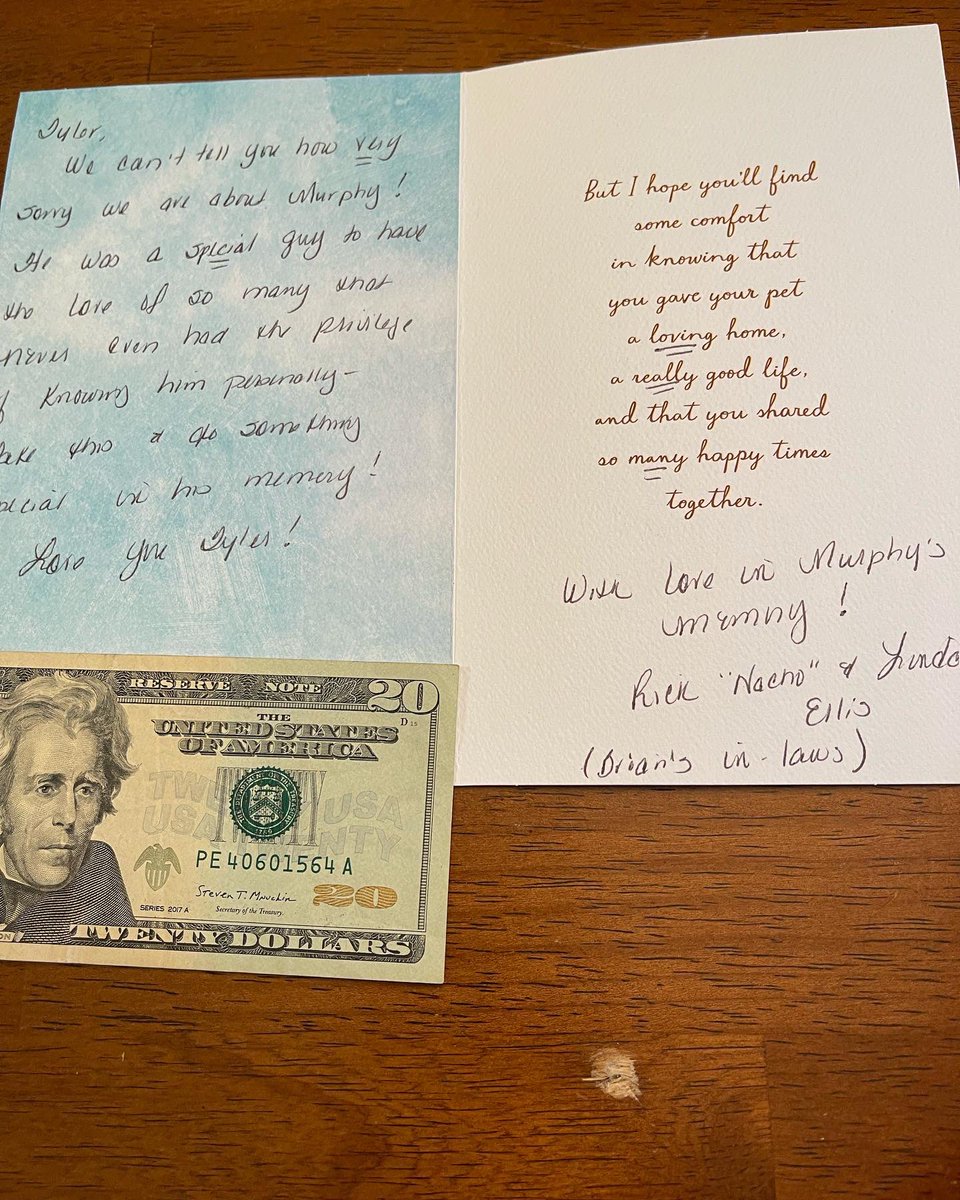 TylerIvens's tweet photo. After Murphy passed away, @kelsadilla_1โs parents sent me this card. (Read it for the first time earlier this week)
โTake this & do something special in his memory.โ
So, I sent my friend to Vegas with that cash and told him to bet on mine and @briancriceโs team. #MurphyMagic https://t.co/rfzPHvnC0X