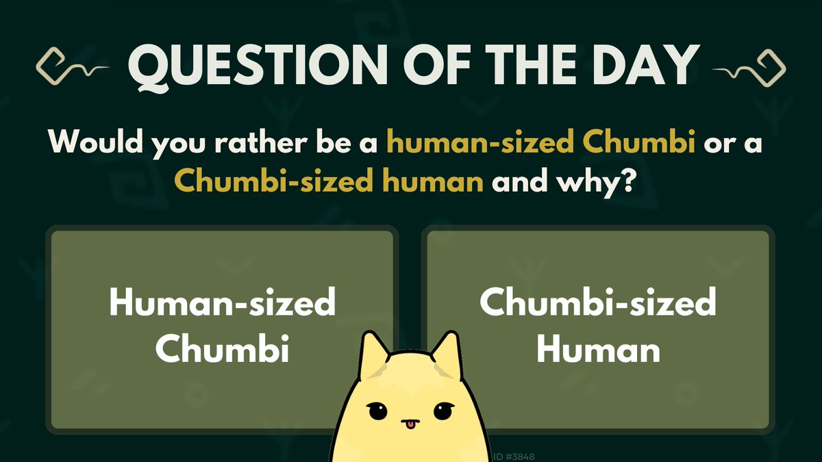 It's time for the Chumbi Valley Question of the day!
 
Please make sure to ❤️, RT and comment your answer with hashtags #ChumbiMerch #ChumbiValley
and post the proof (screenshot) to our discord for some Chumble coins!

#NFTgame #crypto #QOTD #Chumbi #blockchaingames #PlayAndEarn