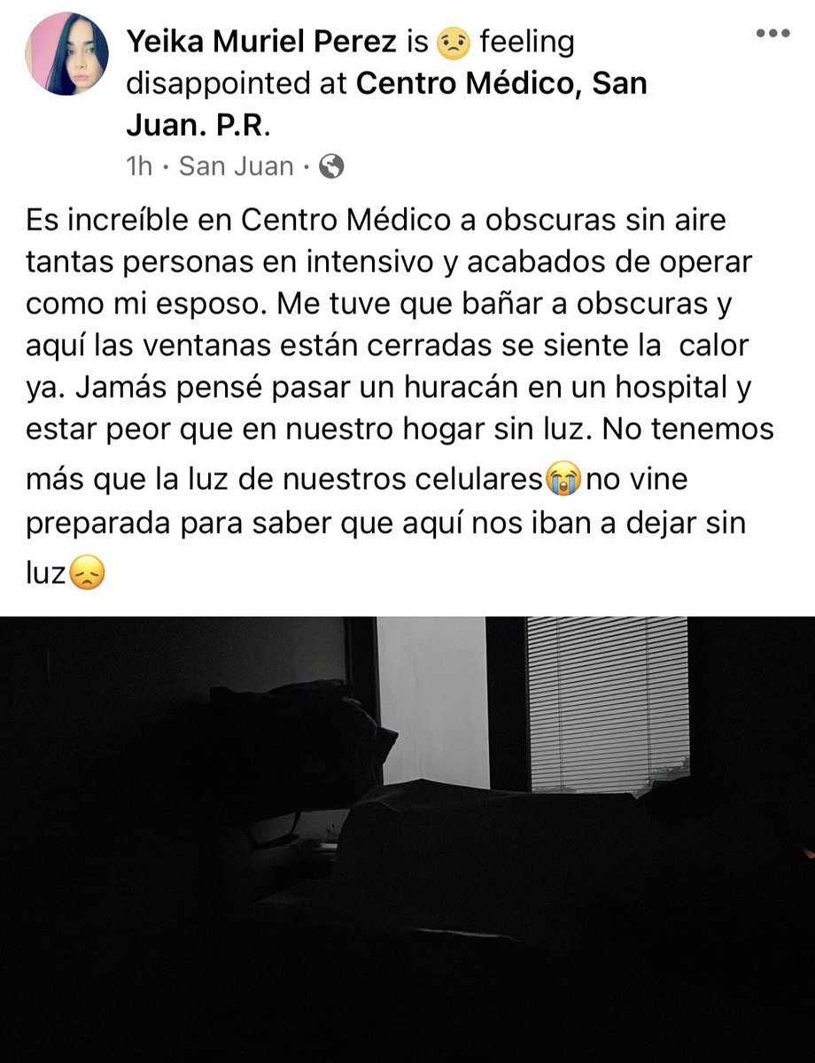 ValeriaCollazoC's tweet photo. Denuncian que no hay luz en parte del Hospital Universitario en Centro Médico. Portavoz de @desaludpr dice que los generadores están funcionando, pero que no energizan el 100% de las instalaciones. Estoy esperando respuesta sobre qué areas no tienen servicio de energía eléctrica. https://t.co/qDLx93gW74