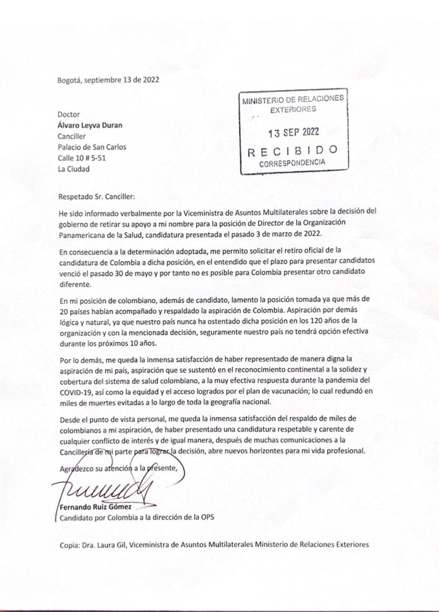 Fruizgomez's tweet image. Personalmente lamento que el gobierno haya retirado el apoyo a mi nombre para la dirección de la OPS pero duele más que Colombia después de 120 años y con todos los reconocimientos en su historia de salud pública no tenga la posibilidad de dirigirla. Casi era un derecho del país.