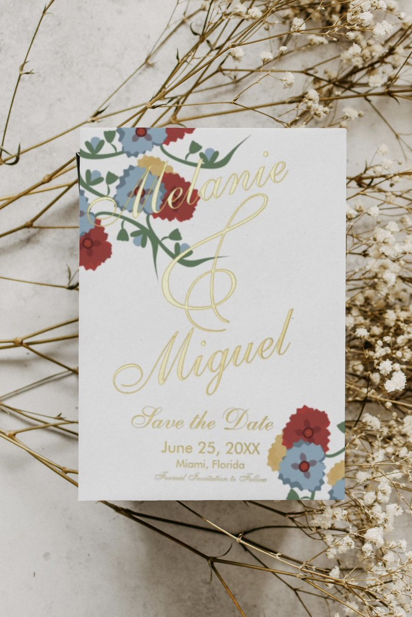 The design of these Mexican Florals save the dates will set the tone for your wedding. The background beautiful folk floral botanicals. #mexicanwedding #hispanicheritagemonth #hispanicbusiness #latinbusiness #latinabusiness #mexicansavethedate