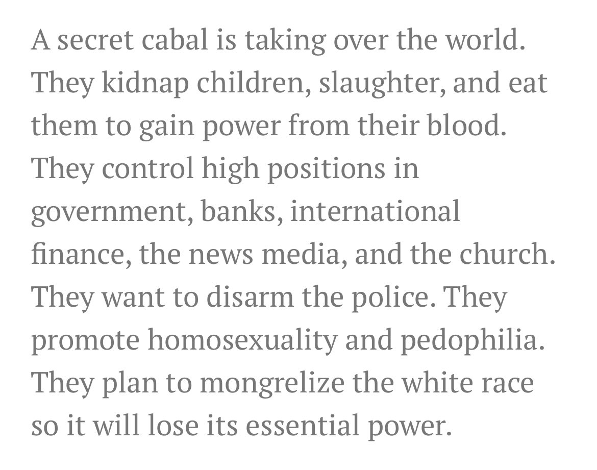 Q-Anon IS a Nazi cult. It’s premise is almost *directly* lifted from the anti-Jewish pamphlet written by Russian propagandists in 1902 ‘The Protocols of the Elders of Zion,’ which the Nazis created a children’s version of and mandated in schools and Hitler’s ‘Mein Kampf’ echoed.