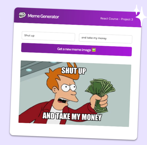 will_rafael_s's tweet photo. Today I finished the 3rd section of the React Basic module from Scrimba, where I learned about event listeners, state, conditional rendering, forms, and side effects in order to build an application that renders memes with whatever text you want to type in. https://t.co/OOCN93IYT4