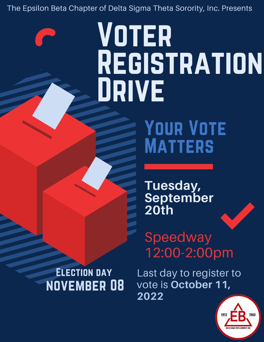 TexasDeltas's tweet photo. Your vote matters! Register to vote with Epsilon Beta, September 20th from 12-2pm on Speedway! 🗳☑️ https://t.co/mInytCgqKY