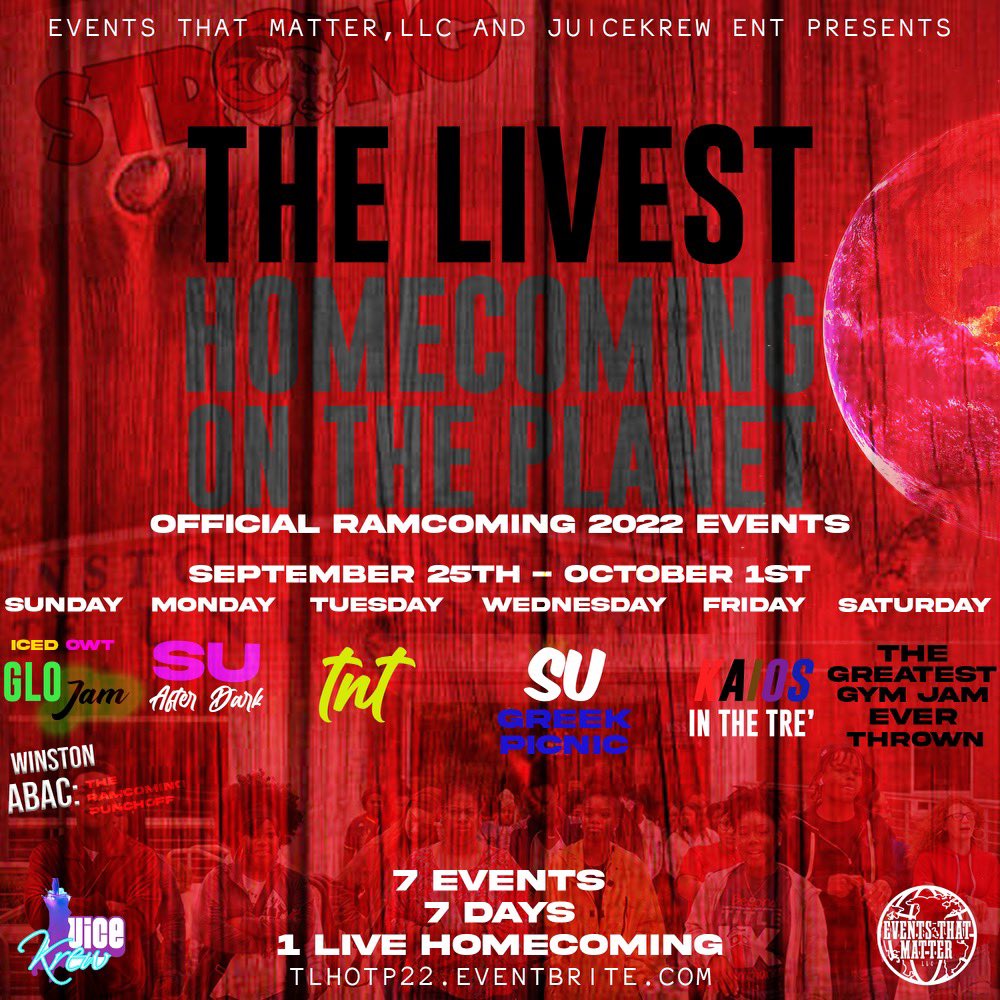 DPtheMC's tweet photo. #WSSUHC 18+ MOVES

SUN - WINSTON ABAC PUNCHOFF(21+)
MON - SU AFTER DARK (18+)
TUES - TACOS N TEQUILA (18+)
WED - SU’ GREEK PICNIC (18+)
FRI - KAIOS STEP SHOW AFTERPARTY (18+) 
SAT - WINSTON GYM JAM (18+)

FOR MORE INFO ON ALL EVENTS
https://t.co/Se69sfysV2 https://t.co/zpm4CW7LVF