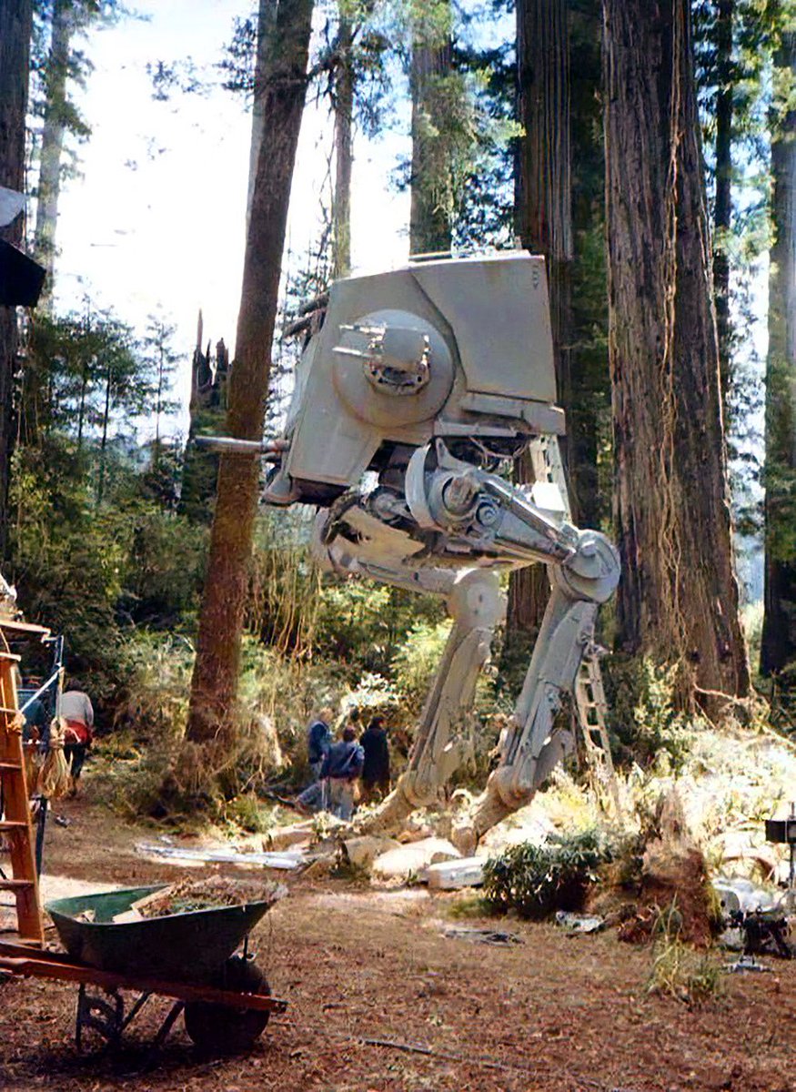 AT-ST under construction on location in Redwood National Park. Note the heavy steel structure in the ground for structural stability. #ReturnOfTheJedi #StarWars #BehindTheScenes