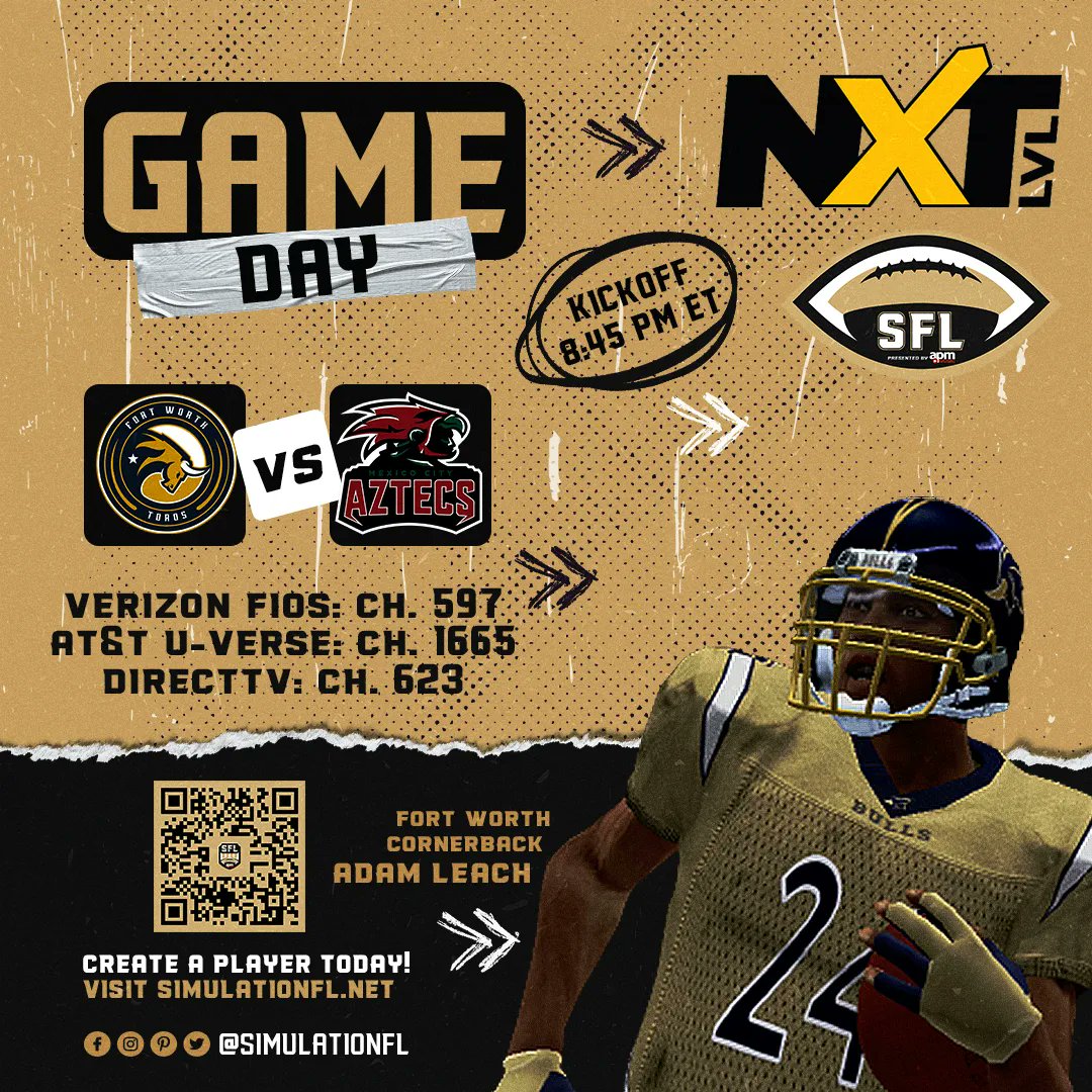 simulationfl's tweet photo. Oh, this gonna be good! @FortWorthToros (6-3) and @SFLAztecs (6-2) battle at the top of a crowded South Division. Kickoff at 8:45 pm ET on @ItsNxtLevel!

🖥️ DirectTV, Ch. 623 / Verizon Fios, Ch. 597 / At&amp;T U-Verse, Ch. 1665
For more NXT channels, visit https://t.co/HEqeGmdKN8 https://t.co/IPNMWqYoqH