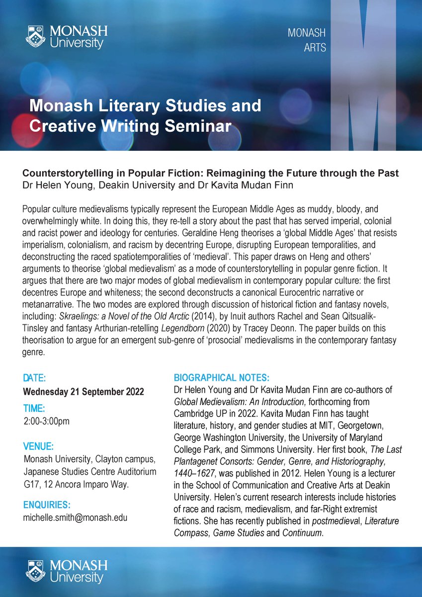 Literary Studies at Monash (@literarymonash) on Twitter photo Join us this Wednesday to hear Dr Helen Young @heyyouonline from <a href="/WriteLitDeakin/">Writing & Literature at Deakin</a> presenting research with Dr Kavita Mudan Finn @KVMFinn on 'global medievalism' as a mode of counterstorytelling in fantasy fiction. All welcome. 21st September at 2pm at Monash Clayton. Join us this Wednesday to hear Dr Helen Young @heyyouonline from <a href="/WriteLitDeakin/">Writing & Literature at Deakin</a> presenting research with Dr Kavita Mudan Finn @KVMFinn on 'global medievalism' as a mode of counterstorytelling in fantasy fiction. All welcome. 21st September at 2pm at Monash Clayton.