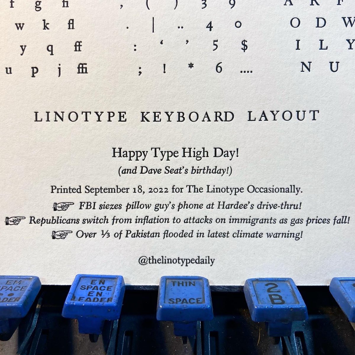 TLinotypist's tweet photo. Happy Type High Day, fellow nerds! (7 hours ago I thought doing a simple little Linotype keyboard layout would be a nice way to celebrate…) #letterpress #linotype #etaoinshrdlu #nerds #keyboards #typehighday #hardees #pakistan #climatechange #typecasting https://t.co/jSiCT34hKh