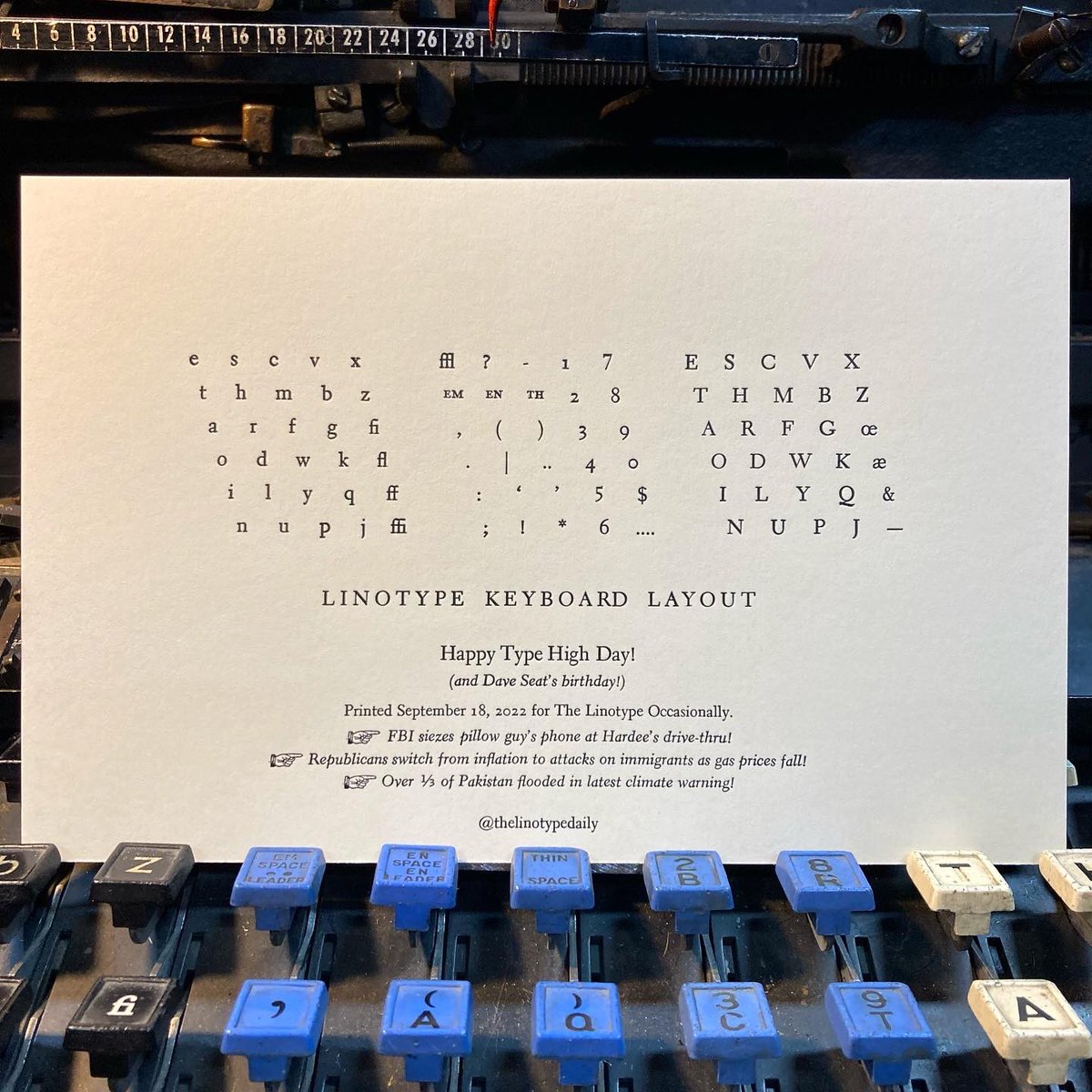 TLinotypist's tweet photo. Happy Type High Day, fellow nerds! (7 hours ago I thought doing a simple little Linotype keyboard layout would be a nice way to celebrate…) #letterpress #linotype #etaoinshrdlu #nerds #keyboards #typehighday #hardees #pakistan #climatechange #typecasting https://t.co/jSiCT34hKh
