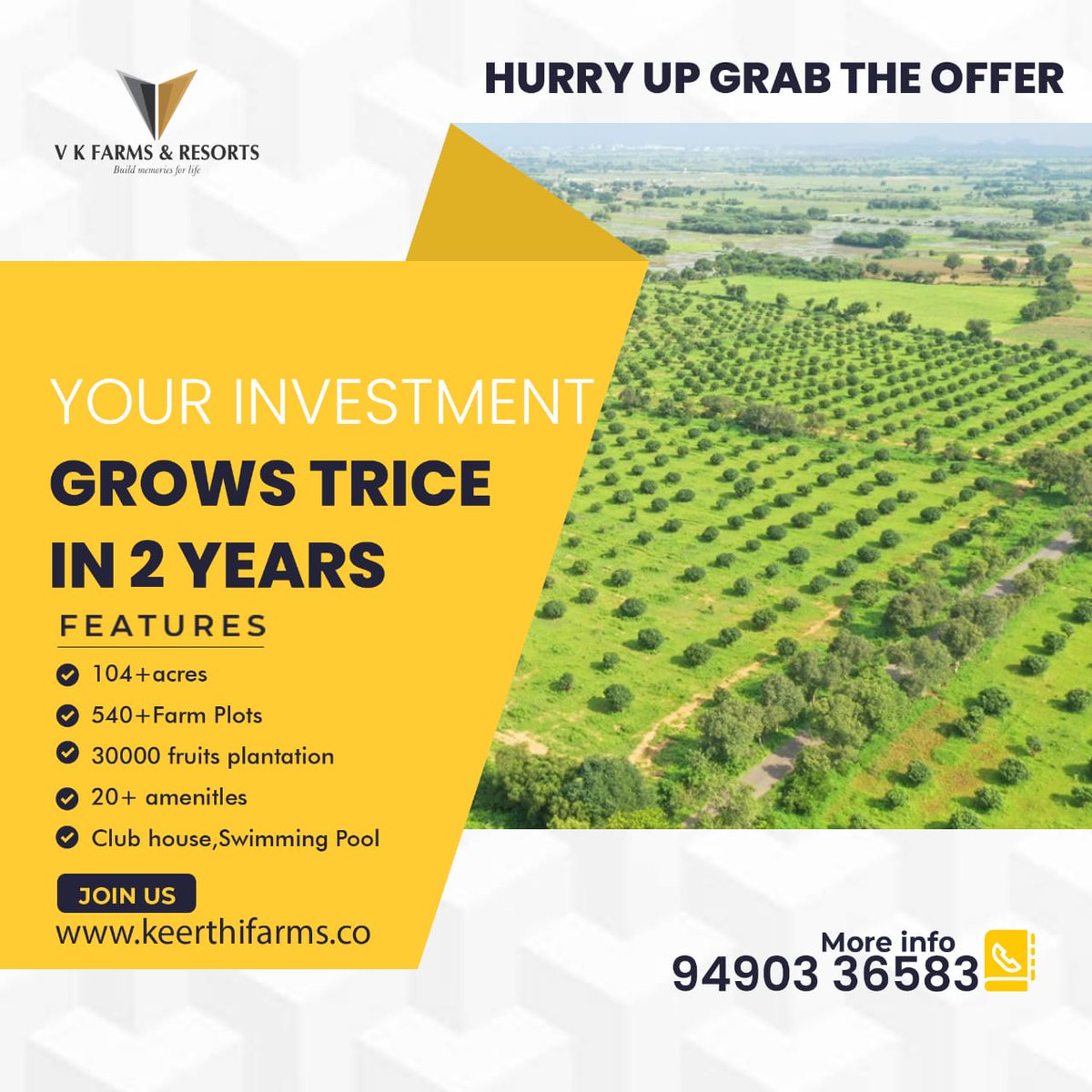 VkfarmsA's tweet photo. Your Investment Grows Trice In 2 Years. Hurry Up Grab The Offer.
.
.
.
 #vkfarms #farmlands #farmlandsrealestate #farmlandsinhyderabad #FARMLANDS #farmlandsforsale #realestate #realestate #realestatetips #realestatelife #realestatelife #realestategoals #realestateagent https://t.co/vnu516Sf8b