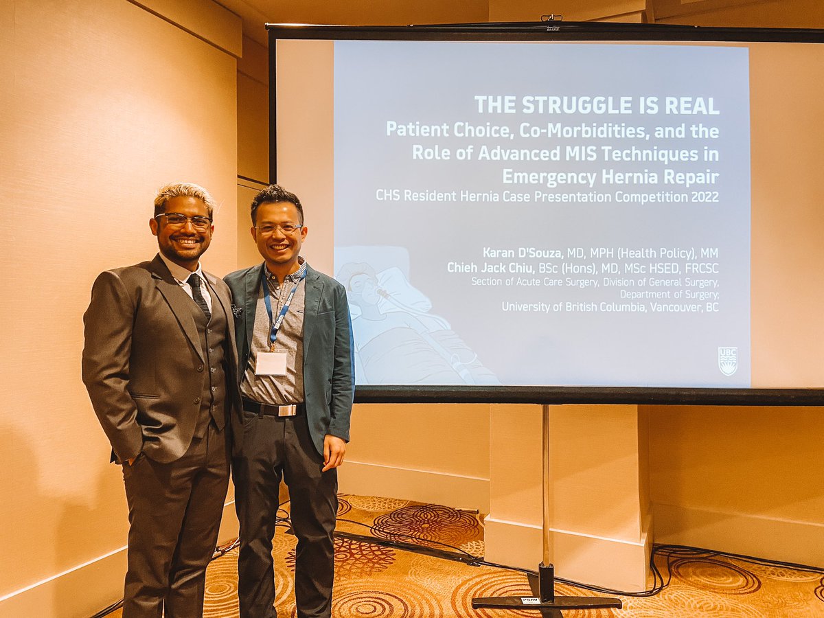 ubcgensurg's tweet photo. Congratulations Dr. @karandsouza PGY-4 and Dr. Jack Chiu, winners of the CHS Hernia Case Competition at #CSF2022! 🏆

@CAGS_ACCG @CAGS_Residents https://t.co/4fYgByUB6M