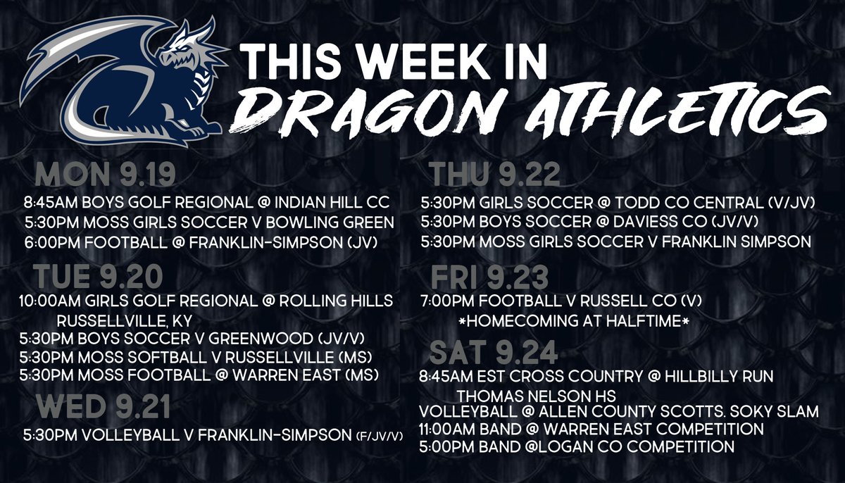 This week in Dragon athletics!

<a href="/WC_Dragons/">Warren Central High School</a> @joehood25 <a href="/mr_ghsf/">Tyreon Clark</a> <a href="/HenryMossMiddle/">Henry Moss Middle</a> <a href="/WCVolleyballFam/">WCHS Volleyball</a> <a href="/WCLadyDragons1/">WCHS Lady Dragons Soccer</a> <a href="/WCDragon_Soccer/">Warren Central HS Boys Soccer</a>