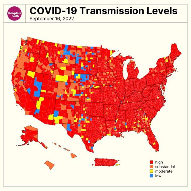 7) According to the CDC’s own data, 93.89% of counties in the US are experiencing substantial or high community transmission of COVID. This, of course, is not the map the CDC chooses to share on their own social accounts. HT @PeoplesCDC
