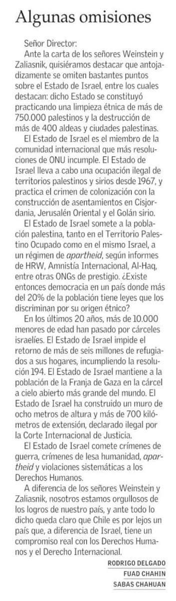 Comunidad Palestina de Chile (@compalestinacl) on Twitter photo Carta publicada hoy en El Mercurio. Algunas Omisiones por <a href="/SabasChahuan/">Sabas Chahuán</a> <a href="/fchahin/">fuad chahin</a> <a href="/RodrigoDelgadoM/">Rodrigo Delgado Mocarquer</a> Carta publicada hoy en El Mercurio. Algunas Omisiones por <a href="/SabasChahuan/">Sabas Chahuán</a> <a href="/fchahin/">fuad chahin</a> <a href="/RodrigoDelgadoM/">Rodrigo Delgado Mocarquer</a>