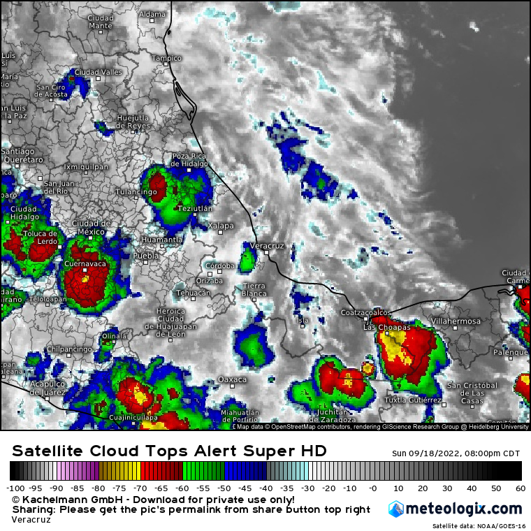 spcver's tweet photo. 18/09/2022
20:20 horas

⚠️ El potencial de lluvias disminuye en el norte y centro de #Veracruz, y aumenta en el sur, donde una celda de tormentas avanza sobre el Coatzacoalcos-Tonalá, esperándose cruce el Papaloapan durante la noche, y alcance el centro del estado al amanecer. https://t.co/uw3KeRaYKW
