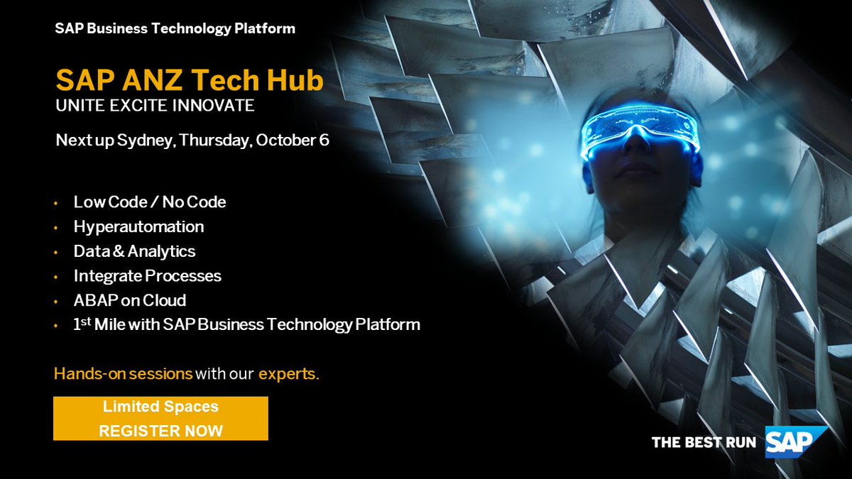 Join the #developer community in Sydney on 6 October to hear from SAP experts discuss latest innovative technologies so your business can become a Future Ready Enterprise on SAP Business Technology Platform

Register Now imsap.co/6018MTwpI