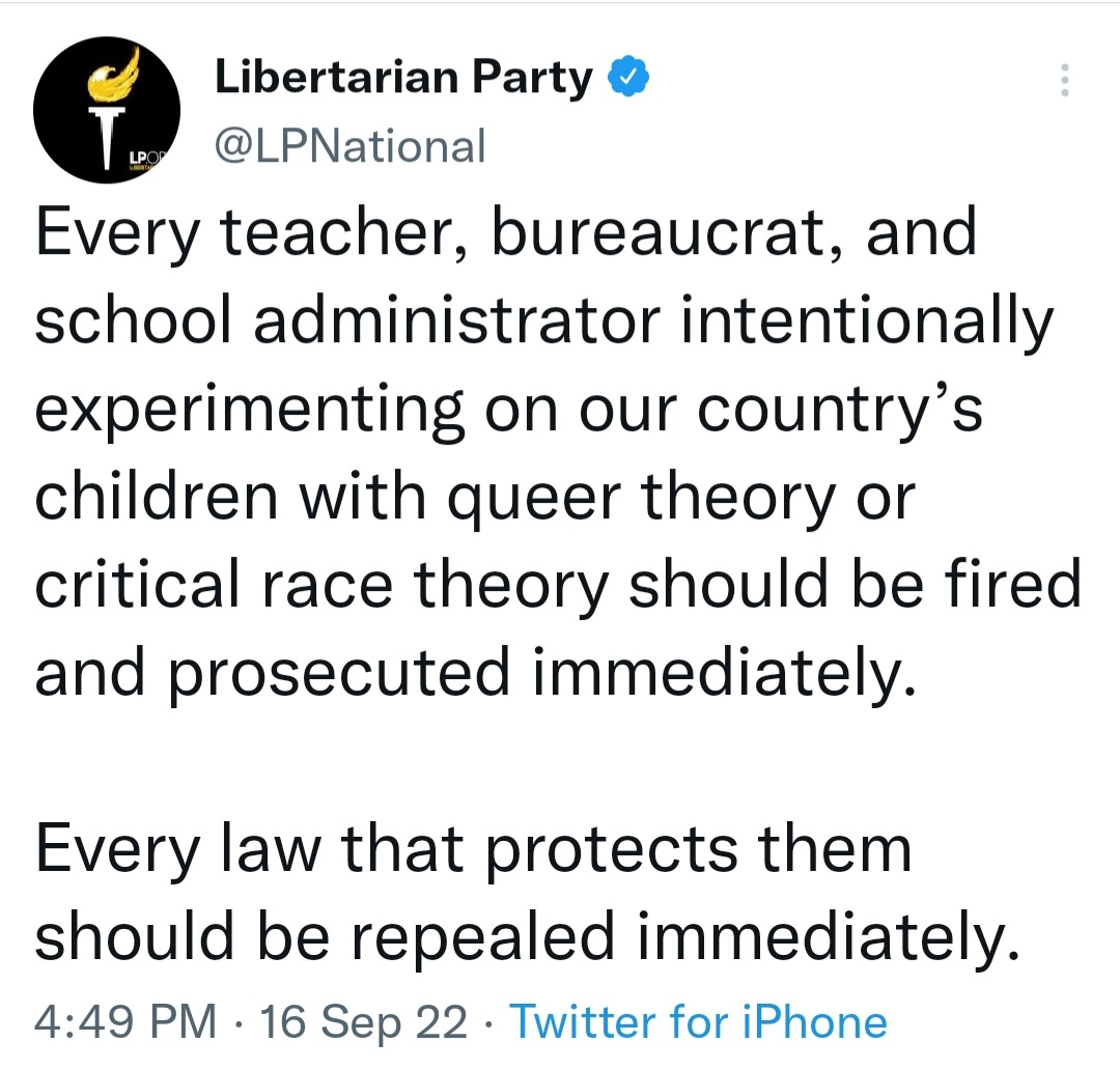LizT4Congress's tweet photo. More alt-right scare tactics from @LPNational.
This messaging is not Libertarian (supporting parent power in education not use of government power) and is not helping serious Libertarian candidates.
I am a #Libertarian and the LP does not speak for me. #ISpeakForMe https://t.co/PrDmcP2QQF