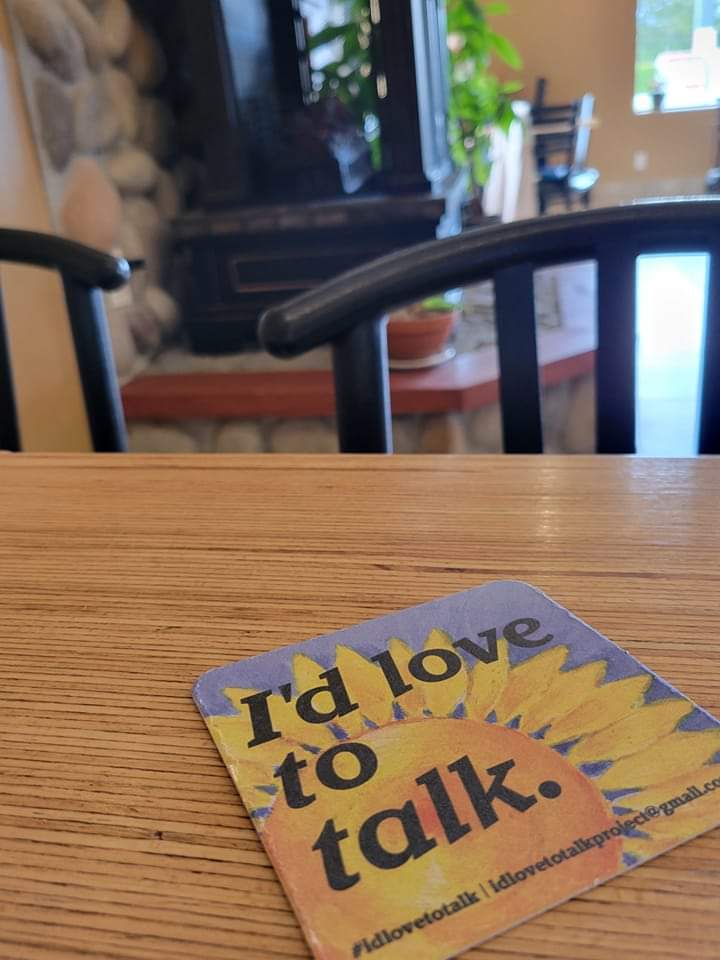 Pick up a free I'd Love to Talk card at Serious Coffee in Parksville then set it out where people near you can see it so they know that they're welcome to stop and chat. 👋😊
You can find the cards on the brochure table in the back of the cafe, near the bathrooms.

#idlovetotalk