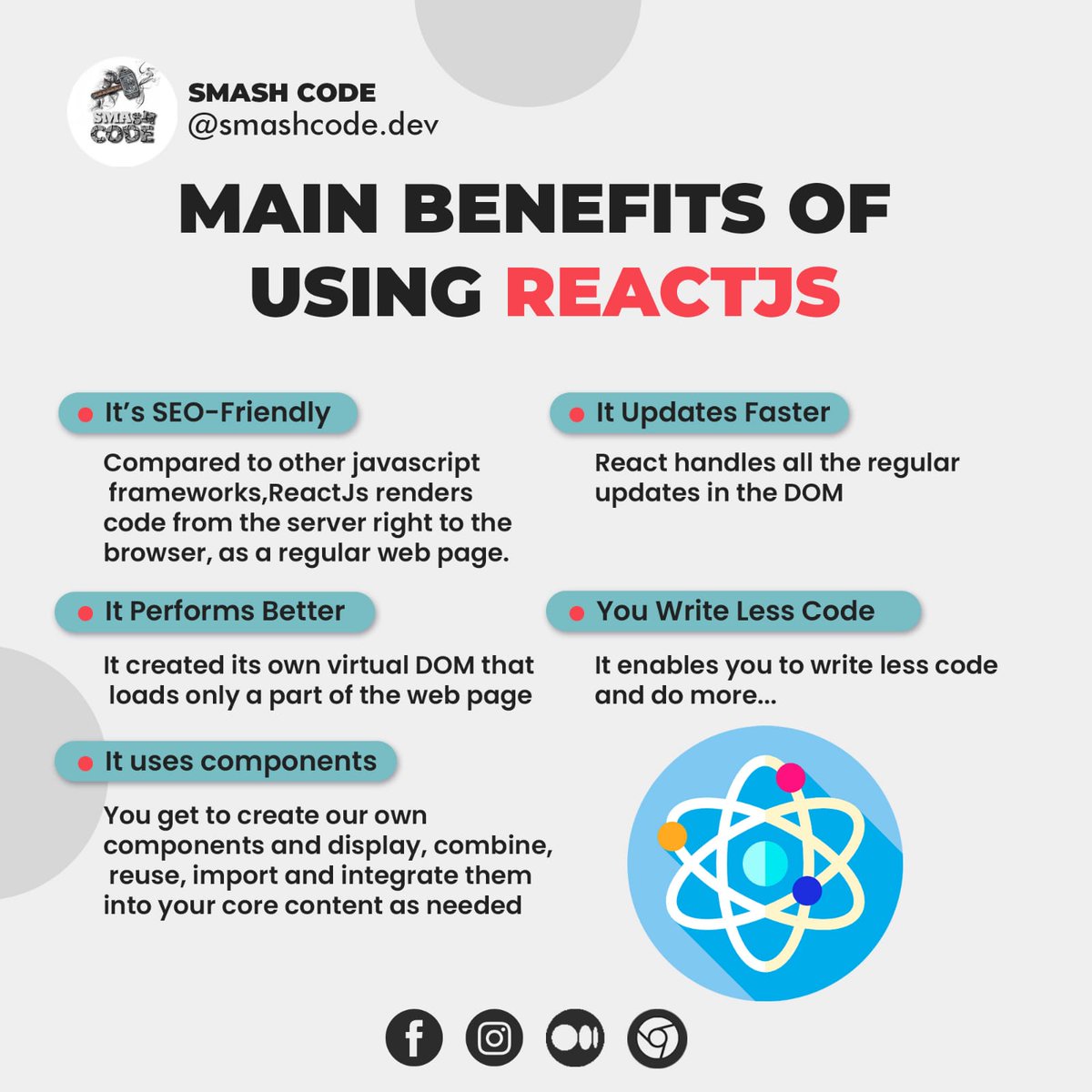 Smashcodedev's tweet image. #reactjsdevelopmentcompany #reactjsacademy #ReactJS #reactjsdevelopers #freelancingjobs #freelancingtips #freelancinglife #freelancing_is_the_best_and_smart_career #freelancingfemales #freelancingbusiness #FreelancingCourse #freelancing #Freelancing_career #freelancingprojects