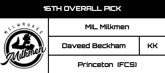 With the 16th overall pick in the Season 29 Draft, the Milwaukee Milkmen select Kicker, David Beckham, Princeton. 

<a href="/BobbyBerwynRB/">Bobby Berwyn</a> <a href="/RetroCoachTazz/">Retro Coach Tazz</a> 
<a href="/RFNorthAmerica/">Retro Football of North America</a> x <a href="/RFNA_G/">RFNA G-League</a>