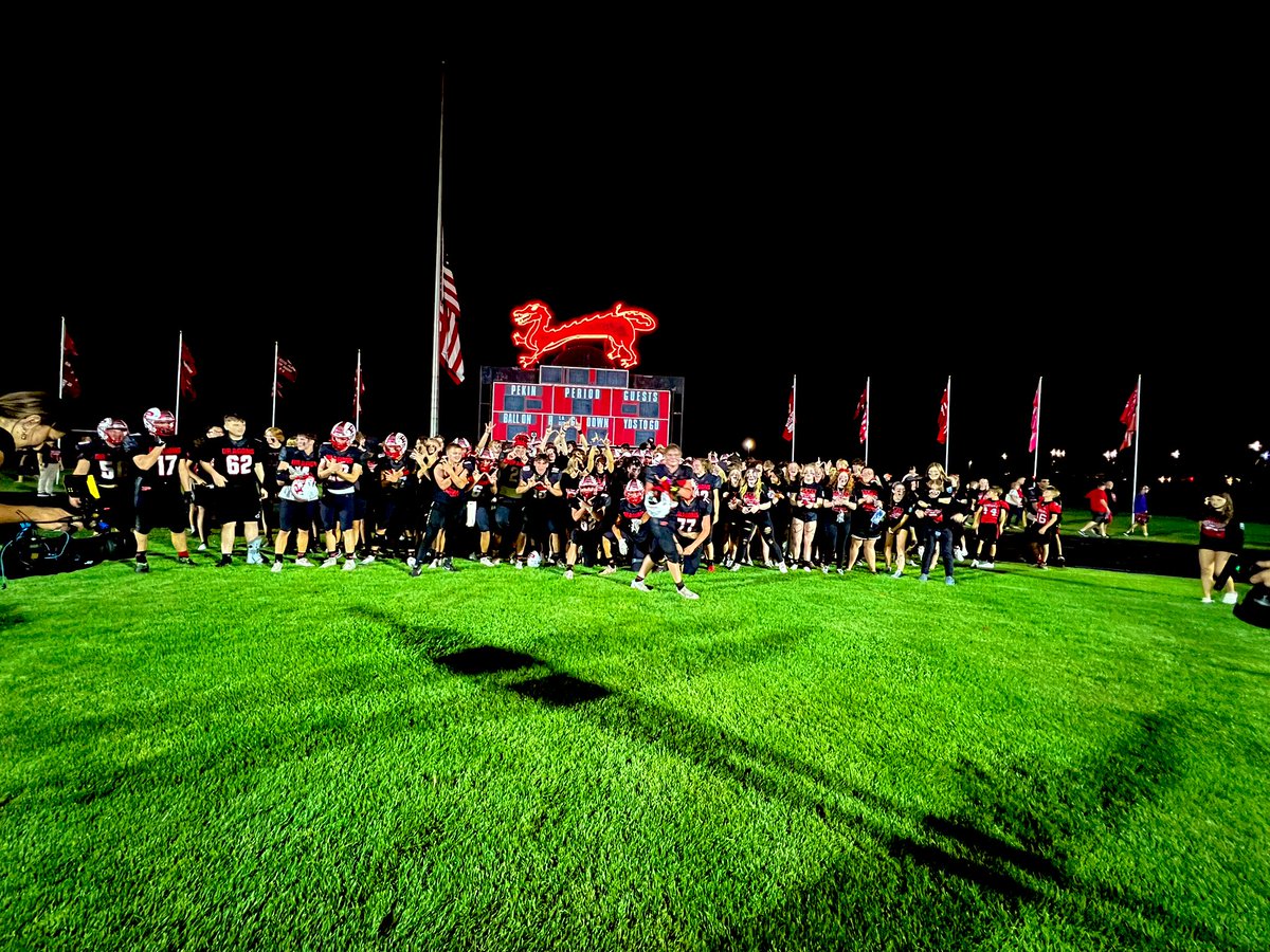 Pekin, now 4-0, showed just how explosive their offense can be! Tanner Sprecher and Kanye Tyler combine for five TD’s in the winning effort.

The celebration is on as Pekin and it’s fans celebrate under the iconic Dragon scoreboard. 📸🐉
