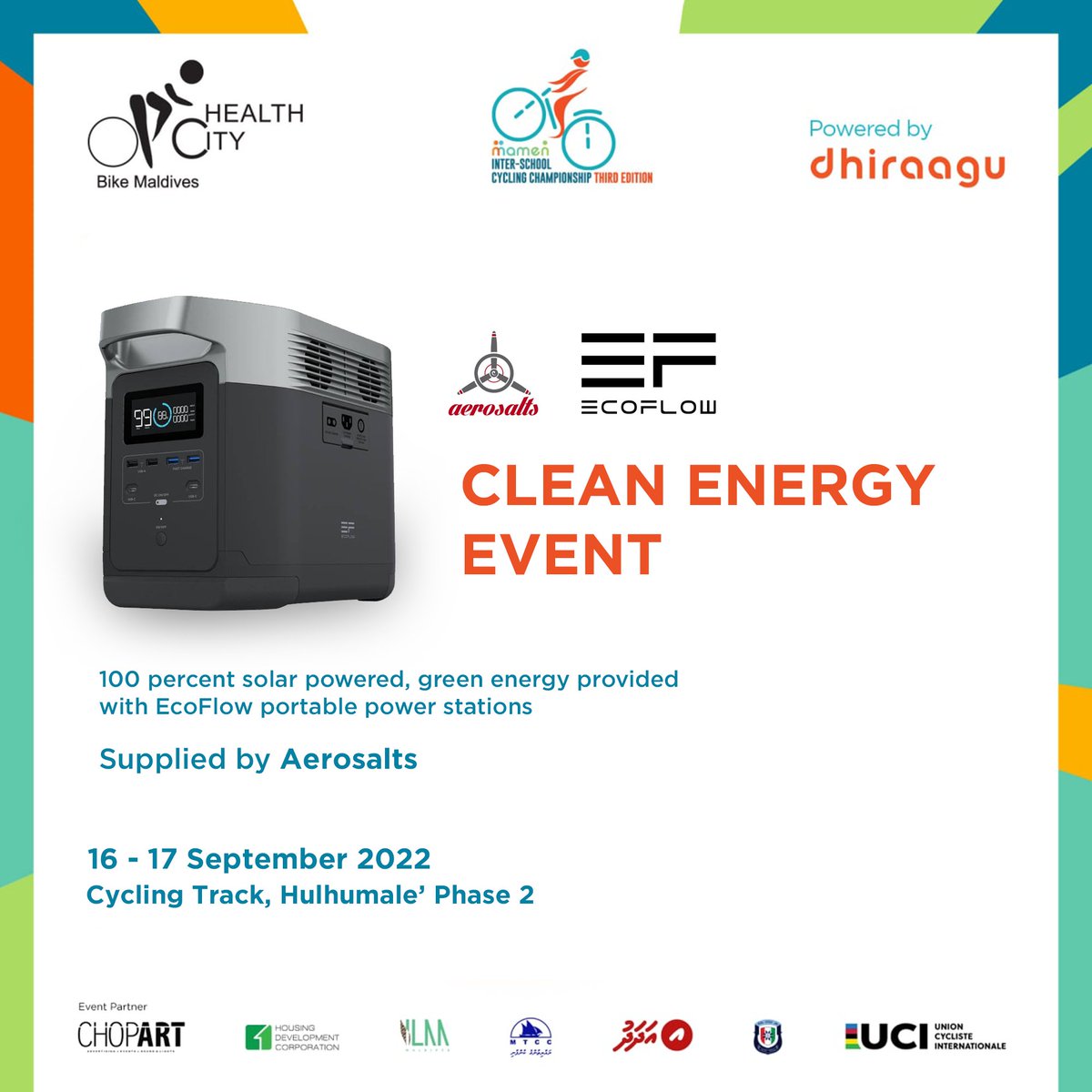 Dhiraagu's tweet photo. Mamen Inter-School Cycling Championship 2022 is an eco-friendly event, completely powered by solar energy, thanks to Ecoflow portable power stations by @aerosalts! ☀️🧡 https://t.co/bUsB3lUwxY