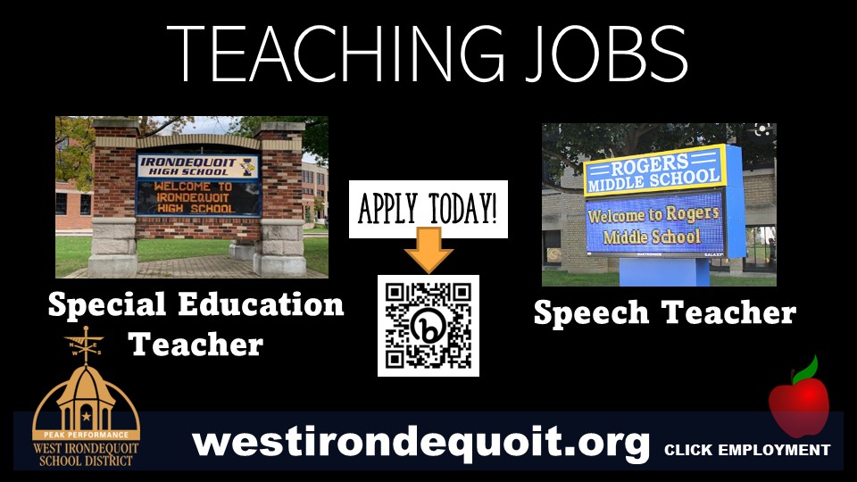 TEACHING JOBS: We have two full-time teaching jobs available. 

One at Rogers Middle School (speech) and one at <a href="/IrondequoitHS/">Irondequoit HS</a> (special education).

Use the QR code or link to apply: bit.ly/Jobs_WI. Thank you for your consideration! Our students need you.

@mcramer17