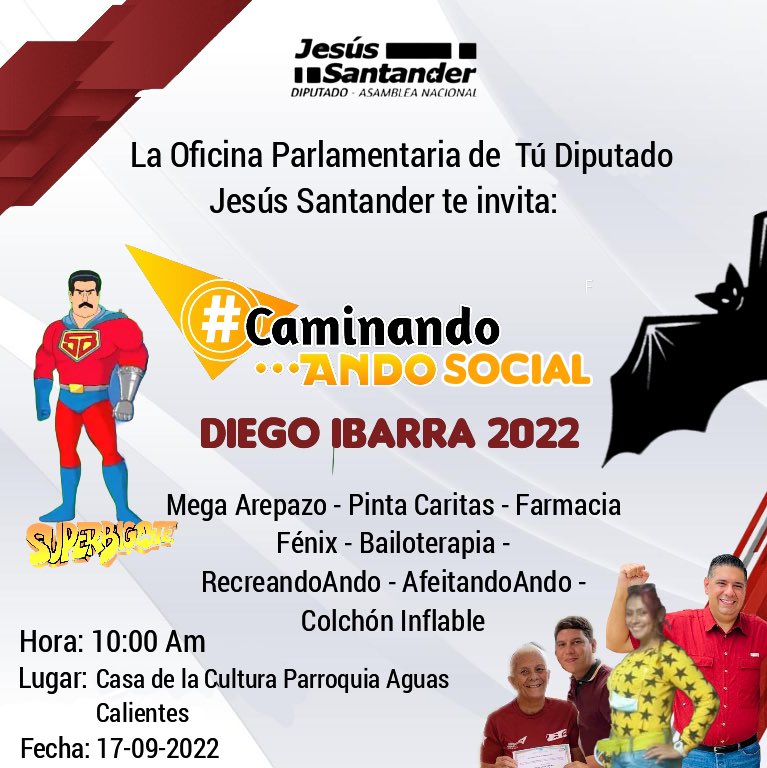 Jesusantanderl's tweet photo. Este Sábado #17sep #DiegoIbarra te llevamos el #CaminandoAndoSocial Parroquia Aguas Calientes Casa de la Cultura con #RecreandoAndo #ArepazoAndo #ColchonInflable #Boxeo #Bailoterapia . Trabajamos de la mano con el Presidente @NicolasMaduro y nuestro Gobernador @rafaellacava10 https://t.co/uxS3osWABe
