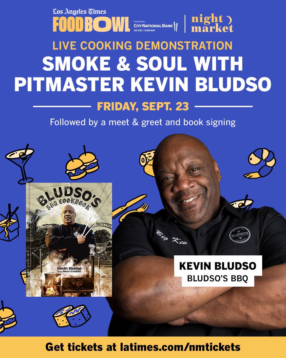 Smoke’s up! 🍖🍖 Learn BBQ secrets from pitmaster Kevin Bludso of Bludso’s BBQ at #NightMarket’s Smoked Soirée next Friday, Sept. 23. 🍖🍖

Afterwards, Kevin will sign copies of his new “Bludso's BBQ Cookbook: A Family Affair in Smoke and Soul. “ 🍖🍖 latimes.com/nmtickets