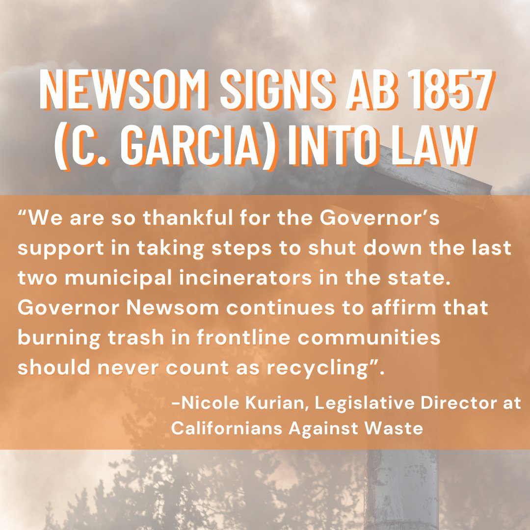 Huge win! @GavinNewsom signed #AB1857 by @AsmGarcia, which protects frontline communities by stopping incineration from counting as recycling and funding local investments in zero-waste programs!

We’re celebrating with fellow co-sponsors @VIP_Stanislaus @EYCEJ @Earthjustice