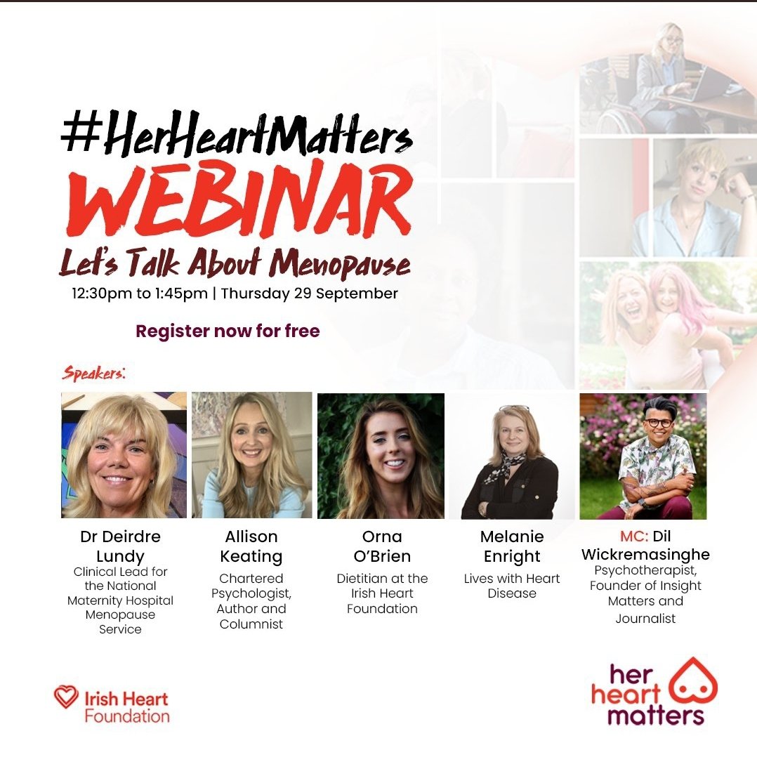 @Irishheart_ie are hosting a 'Let's Talk About Menopause' Webinar on 29th Sept. 2022.

⏰12.30pm to 1.45pm 

Register to attend here:
eventbrite.ie/e/her-heart-ma…

#HerHealthMatters #Menopause #WomensHealth