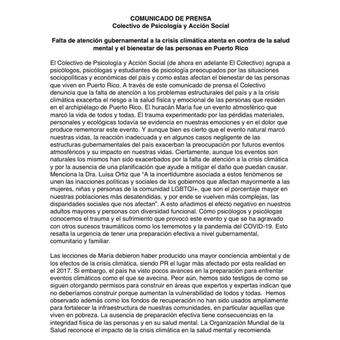 ColectivoPas's tweet photo. Falta de atención gubernamental a la crisis climática atenta en contra de la salud mental y el bienestar de las personas en Puerto Rico https://t.co/kMmrwJFCIc
