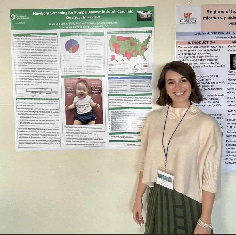 PAGenetics's tweet photo. SPAGG member, Laura Buch PA-C, presented a poster at #CGAPP 2022 on Newborn Screening for Pompe Disease in South Carolina! @GreenwoodGenCtr #medicalgeneticsawareness #IamaGeneticsPA #PAsDoThat #PAsGoBeyond #GeneticsPA #newbornscreeningsaveslives #newbornscreening #pompedisease https://t.co/4PfPBvJmDN