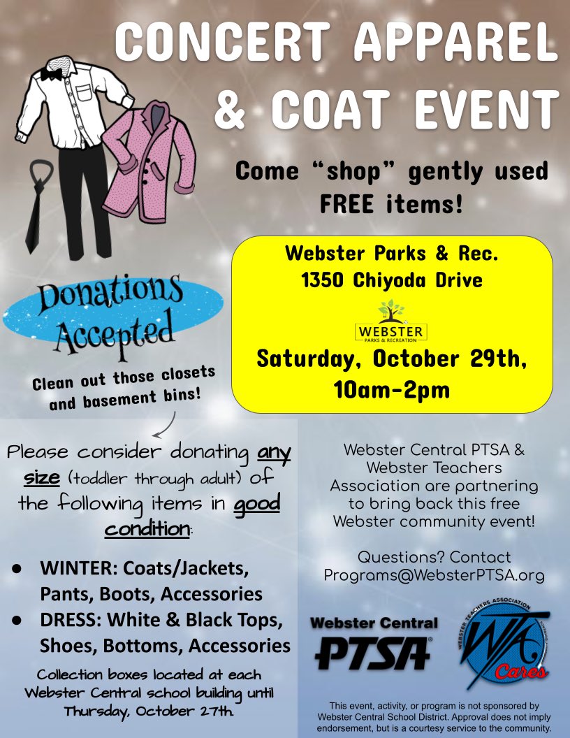 Doing fall closet cleaning? Now is a great time to donate your gently used or outgrown winter gear and concert attire or come shop for “new to you” items for free at this annual event! Accepting all children/adult sizes of items! Look for donation boxes in your schools til 10/27