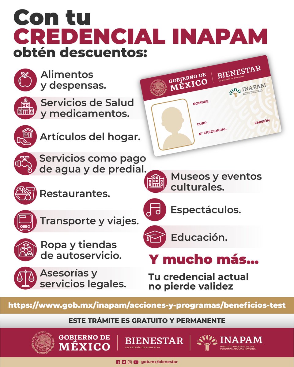 bienestarmx's tweet photo. #AVISO
Si tienes 60 años o más, ya puedes tramitar tu credencial #INAPAM. Te informamos de todos los requisitos. 👵🏽🧓🏽🪪

Conoce el directorio de descuentos a los que podrás acceder en https://t.co/WAxClsxfAZ https://t.co/9iQyaJttvq