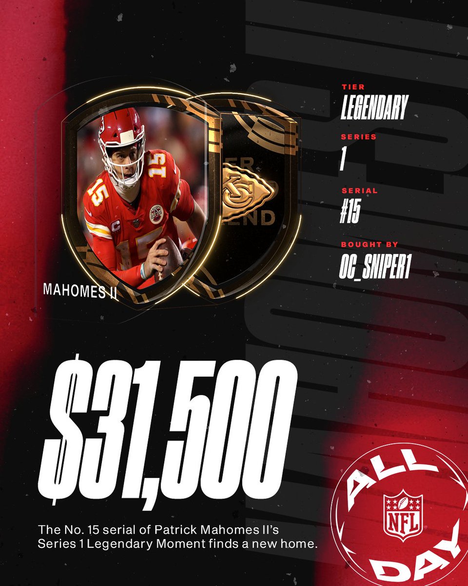 The No. 15 serial for <a href="/PatrickMahomes/">Patrick Mahomes II</a>' Series 1 Legendary Moment...

Now in @OC_Sniper1's collection 🤩 #NFLALLDAY