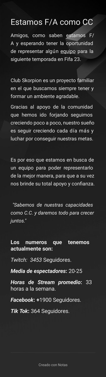 Amigos estamos F/A como creadores de contenido, se agradecería mucho su ❤️ &amp; RT para poder encontrar un equipo al cuál representar de la mejor manera.

Contacto: 
📩 eclubskorpion@gmail.com 
🐦DM aquí en Twitter