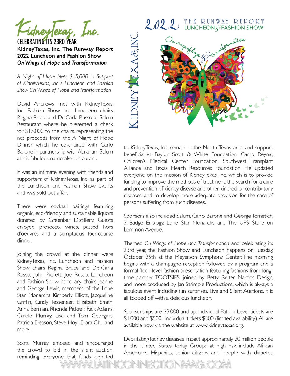 LatinConnection's tweet image. Kidney Texas, Inc Celebrating It’s 23rd Year. The Runway Report 2022 Luncheon and Fashion Show. LatinConnectionMag.com