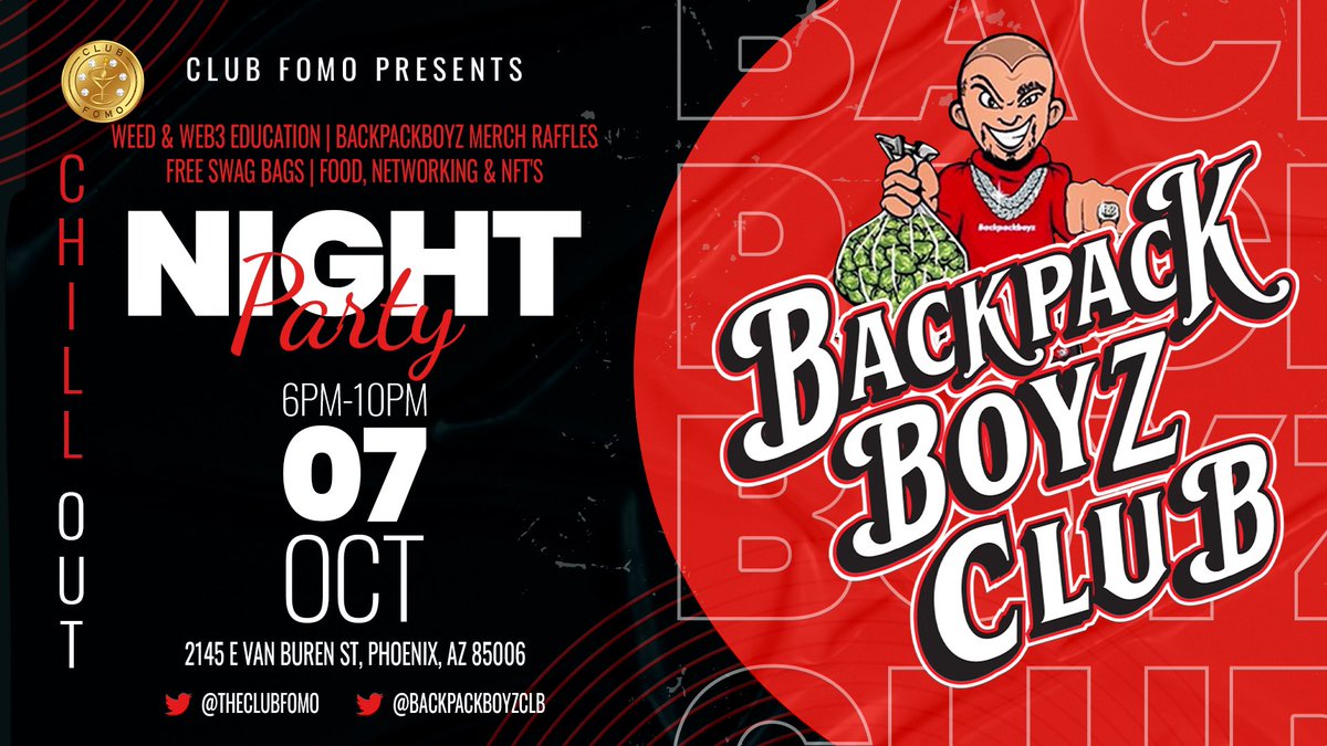 Buckeyes97's tweet photo. Let the countdown beginβ¦3 weeks from today! @backpackboyzclb and @theclubfomo partnering up for a night you wonβt forget! LFG!!!
π or no π
#BackpackBoyzClub #BPBC #web3 #NFT #NFTCommunity #Cannabis #CannabisCommunity https://t.co/itBLZFWqu7